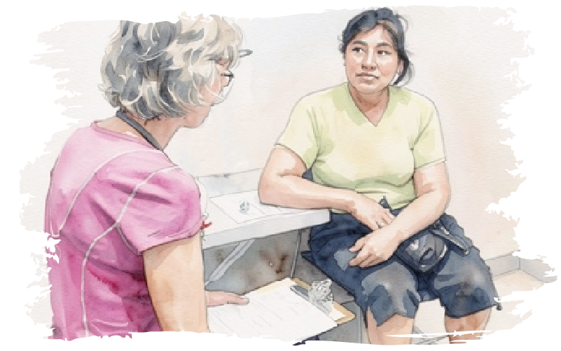 A volunteer nurse talks to a young woman about healthcare options.