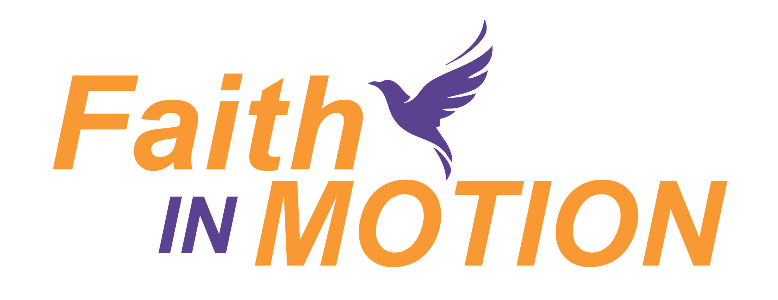 An illustration of the words "Faith In Motion" in orange with a purple dove flying above it.