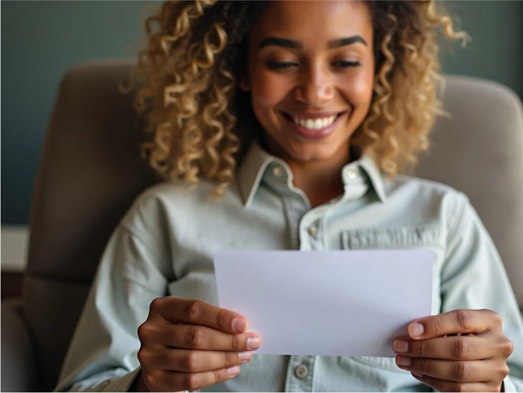 An young African-American woman in a light blue shirt, smiling as she reads a letter she is holding.